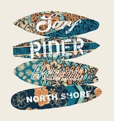 Surf rider north shore Hawaii vector print for summer t shirts with grunge surfboard patchwork background
