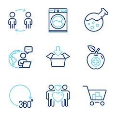 Business icons set. Included icon as Chemistry lab, Get box, Medical food signs. Workflow, 360 degrees, Washing machine symbols. Love couple, Internet shopping line icons. Line icons set. Vector