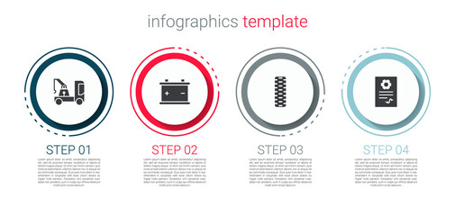 Set Tow truck, Car battery, tire wheel and Auto service check automotive. Business infographic template. Vector.