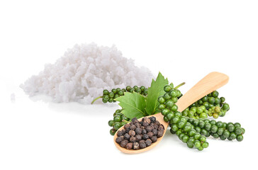 peppercorns and Salt isolated on white
