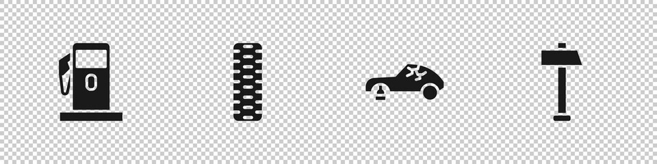 Set Petrol or Gas station, Car tire wheel, Broken car and Hammer icon. Vector.