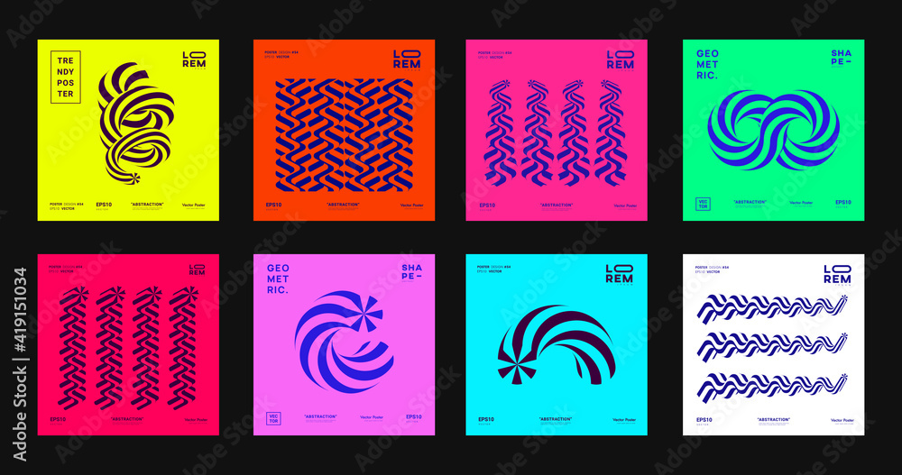 Poster set of abstract striped 3d shapes. collection of optical illusion elements. trendy modern posters.