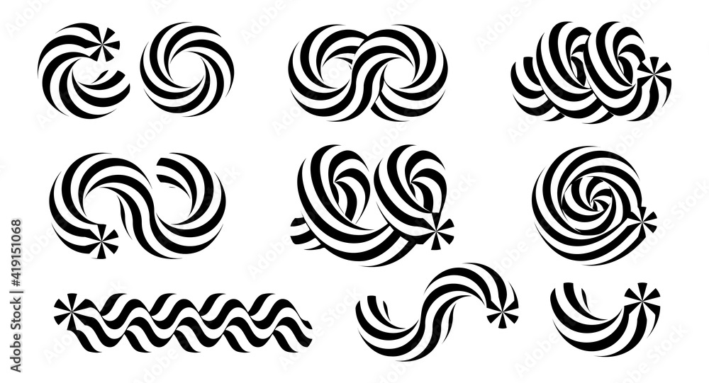 Aufkleber set of abstract striped 3d geometric shapes. optical illusion elements.