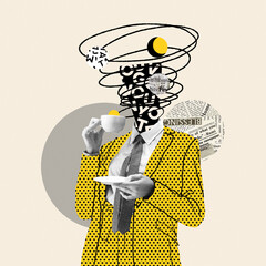 Taking a break. Comics styled yellow dotted suit. Modern design, contemporary art collage. Inspiration, idea concept, trendy urban magazine style. Negative space to insert your text or ad. - obrazy, fototapety, plakaty