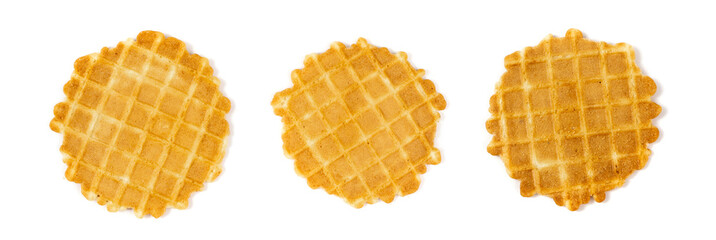Round Waffle Isolated, Thin Waffled Cookie, Golden Belgian Waffles