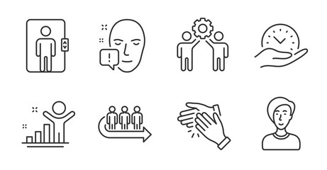 Safe time, Face attention and Clapping hands line icons set. Employees teamwork, Elevator and Businesswoman person signs. Winner, Queue symbols. Management, Exclamation mark, Clap. Vector