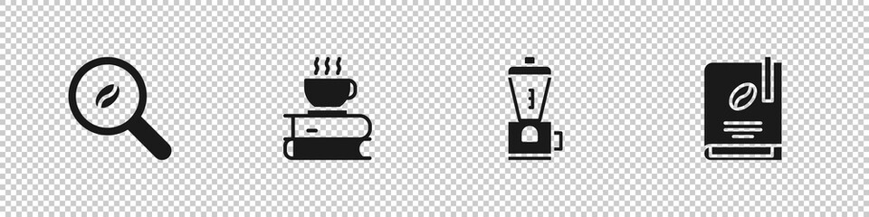 Set Selection coffee beans, Coffee cup and book, Electric grinder and icon. Vector.