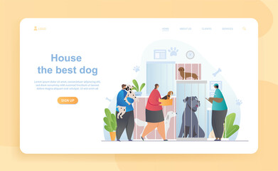 Male and female characters are adopting dogs in shelter. Visitors came to take home dogs sitting in cages of shelter. Website, web page, landing page template. Flat cartoon vector illustration