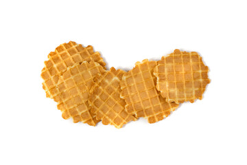 Round Waffle Isolated, Thin Waffled Cookie, Golden Belgian Waffles
