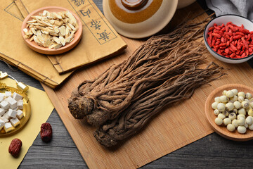 angelica，Ancient Chinese medicine books and herbs on the table.English translation：Emperor's Internal Classic