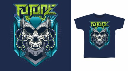Illustration of cyborg skull head detailed design vector t-shirt.