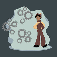 Cartoon mechanic boy with gears on background.