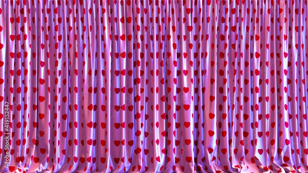 Poster realistic 3d animation of the fancy hearts pattern stage curtains rendered in uhd, alpha matte is in