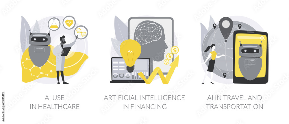 Poster machine learning in industry abstract concept vector illustration set. ai use in healthcare and fina