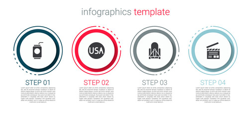 Set Soda can with straw, USA label, Rocket launch from the spaceport and Movie clapper. Business infographic template. Vector.