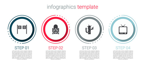 Set Saloon door, Rocket launch from the spaceport, Cactus and Retro tv. Business infographic template. Vector.