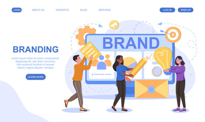 Concept of brand building workflow. Multiracial team develop online brand. Flat cartoon vector illustration. website, web page, landing page, ui template.