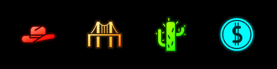 Set Western cowboy hat, Golden gate bridge, Cactus and Coin money with dollar icon. Vector.