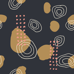 Abstract seamless pattern, doodles, stylized rosy, leaves, stripes, spots, bud, candies, copy space.