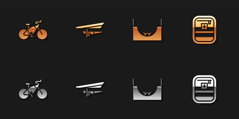 Set Bicycle, Hang glider, Skate park and First aid kit icon. Vector.