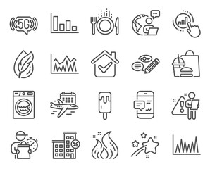 Business icons set. Included icon as Hypoallergenic tested, Laundry, Keywords signs. 5g wifi, Investment, Histogram symbols. Smartphone notification, Food, Graph chart. Loan house. Vector