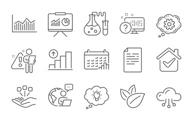 Cloud computing, Energy and Organic product line icons set. Cogwheel, Presentation and Graph chart signs. Money diagram, Online quiz and Calendar graph symbols. Line icons set. Vector
