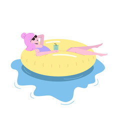 Modern woman in swimsuit and sun glasses swimming on inflatable ring with drink. Summer colourful flat vector illustration isolated on white background.