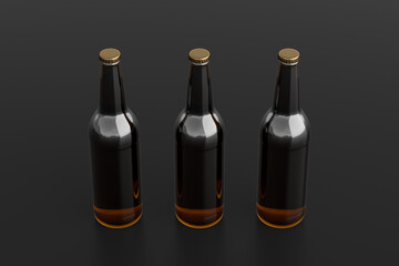 Three beer bottles 500ml mock up on black background.