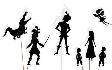 Peter Pan storytelling, isolated shadow puppets.