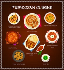 Moroccan cuisine restaurant menu template. Pork with prunes, lamb stew with dates and mint tea, pearl barley, harira and chicken tomato soup, fig almond pie, fried chicken with preserved lemon vector