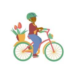 African american boy on bike with basket of flowers Vector flat illustration