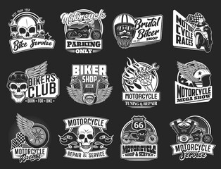 Motorcycle isolated icons of vector biker club and motorsport design. Motor bikes with wing, wheel and skull, rider, helmet, racing flag, wrench and spanner, engine, piston and fire flame emblems
