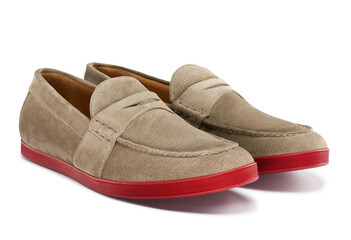 Pair of suede beige men's moccasin shoes