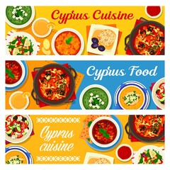 Cyprus cuisine vector baked eggplant salad, cucumber cream soup with feta and lemon chicken soup avgolemono. Greek and bean salad, marinated vegetable, pilaf or grapefruit salad with goat cheese meals