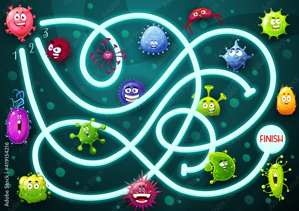 Poster kids game maze with smiling microbes cartoon characters. child labyrinth with cute bacteria, viruses
