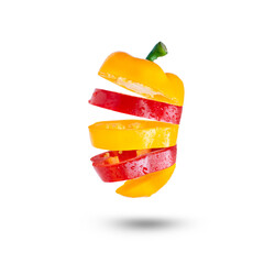 Obraz na płótnie Canvas Sliced red and yellow bell pepper with water drops isolated on white background