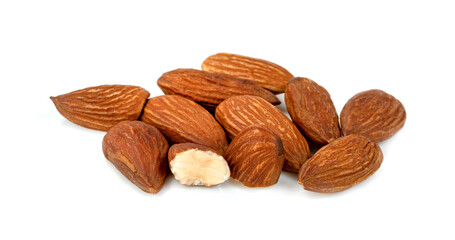 broken almonds natural roasted isolated on white background