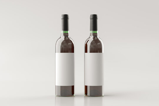 Two red wine bottles 750ml mock up with blank label on white background.