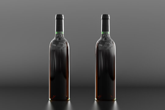 Two red wine bottle 750ml mock up on black background.