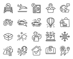 Transportation icons set. Included icon as Hand baggage, International flight, Open box signs. Parking payment, Honeymoon travel, Package location symbols. Eu close borders, Arrivals plane. Vector