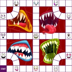 Children board game or puzzle vector template with Halloween monster mouths and faces. Dice boardgame with horror screaming mouths and cute cartoon emoticons of vampire, alien mutant, cyclop and ogre