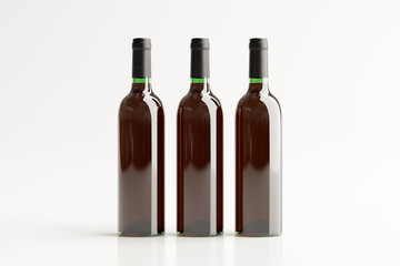 Three red wine bottle 750ml mock up on white background.