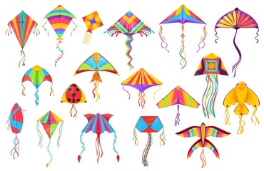 Kite paper toys cartoon vector of flying wind toys for summer children games and outdoor activity. Kites with colorful strings, tails and ornaments in shape of butterfly, bird, fish and ladybird
