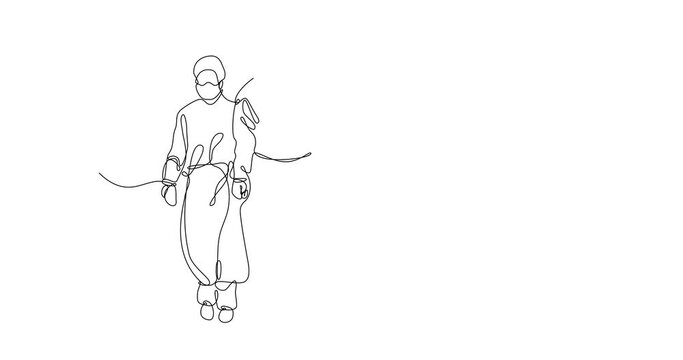 Self-drawing animation of continous line drawing  of healthcare team wearing protective clothing. Healthcare concept in time of covid-19 pandemic. Black line on white background