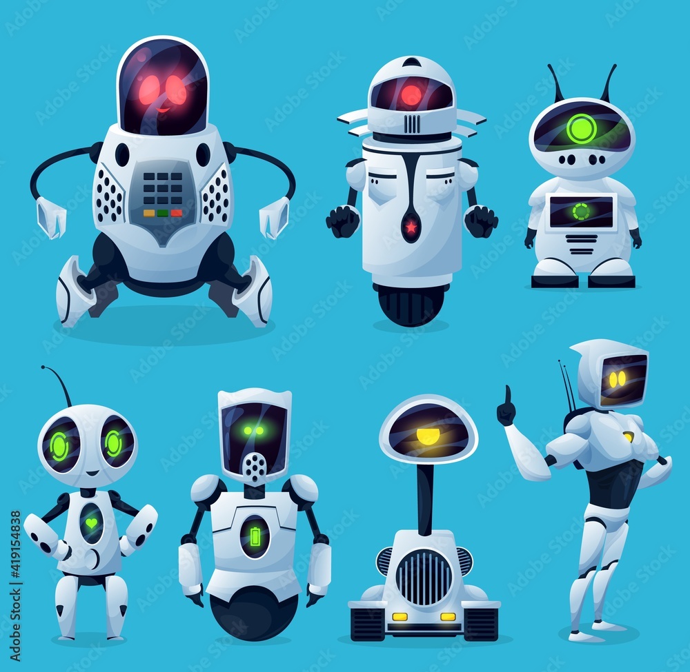 Poster robots, cartoon ai chatbots and bots, vector kid toy characters. android robots and future chatbots 