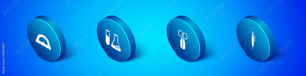 Poster set isometric protractor, scissors, pen and test tube and flask icon. vector.