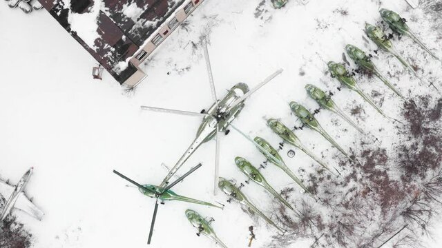 Aerial view of Mi-8 and Mi-2 abandoned helicopters