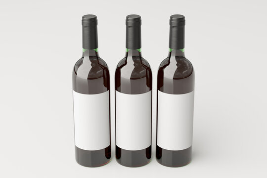 Three red wine bottles 750ml mock up with blank label on white background.