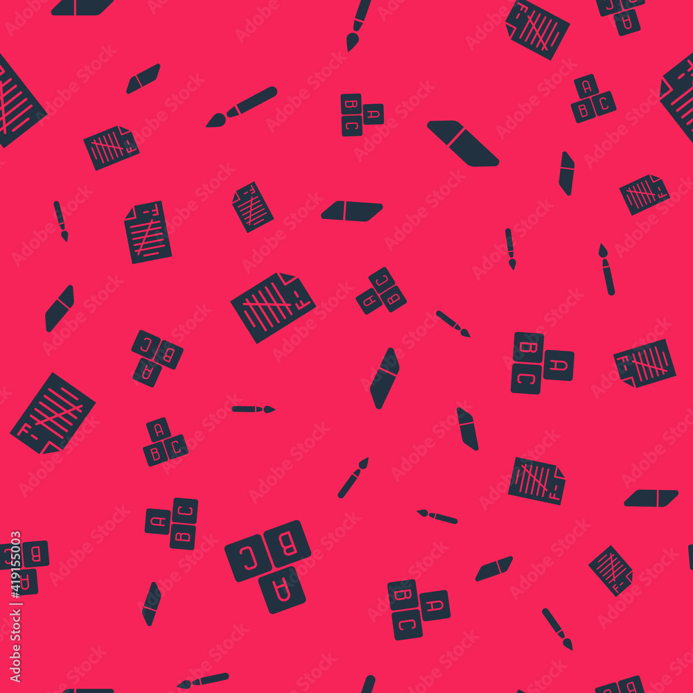 Poster set abc blocks, paint brush, exam paper with incorrect answers and eraser rubber on seamless pattern