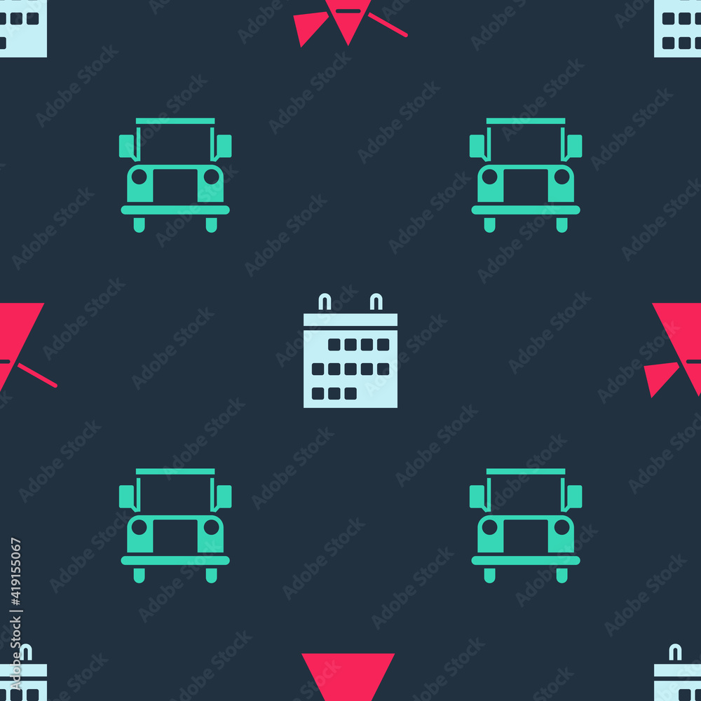 Poster set light rays in prism, calendar and school bus on seamless pattern. vector.